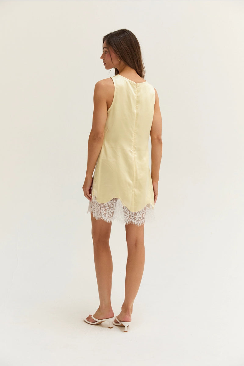 Yellow Satin Lace Trim Mini Dress Medium