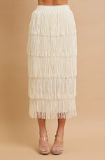 Ivory Tiered Fringe Midi Skirt