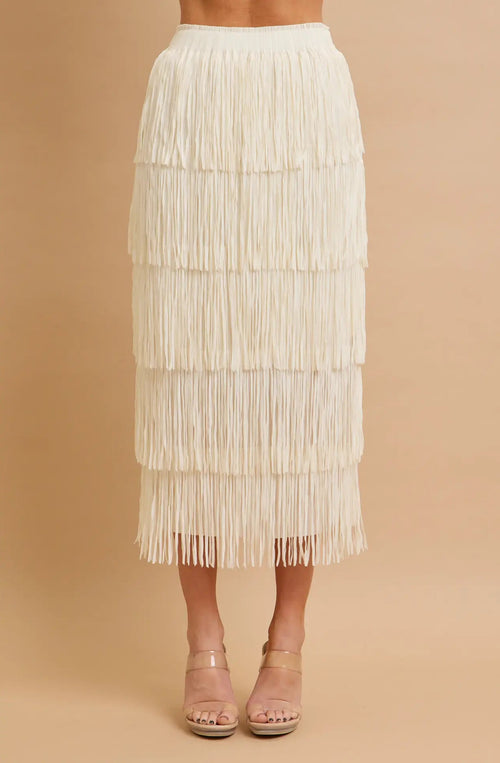 Ivory Tiered Fringe Midi Skirt