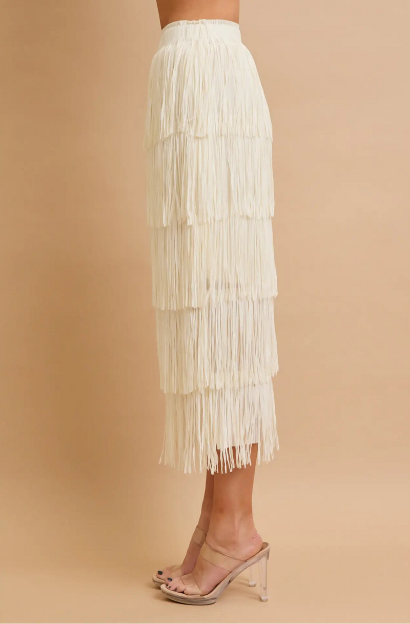 Ivory Tiered Fringe Midi Skirt