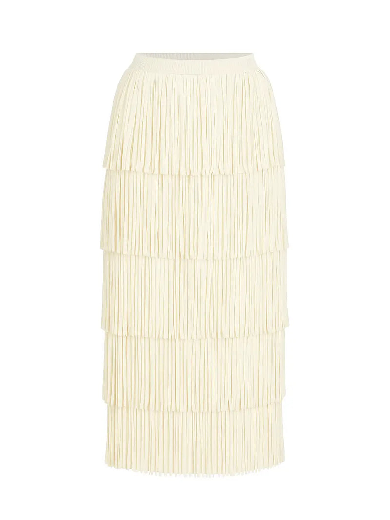 Ivory Tiered Fringe Midi Skirt