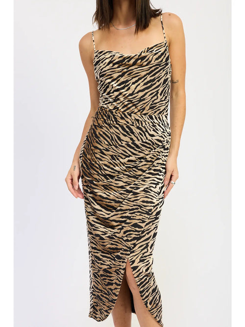 Animal Print Cowl Neck Midi Dress