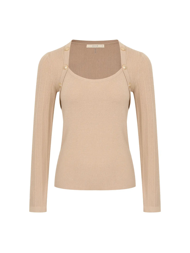 Beige Knit Button Top
