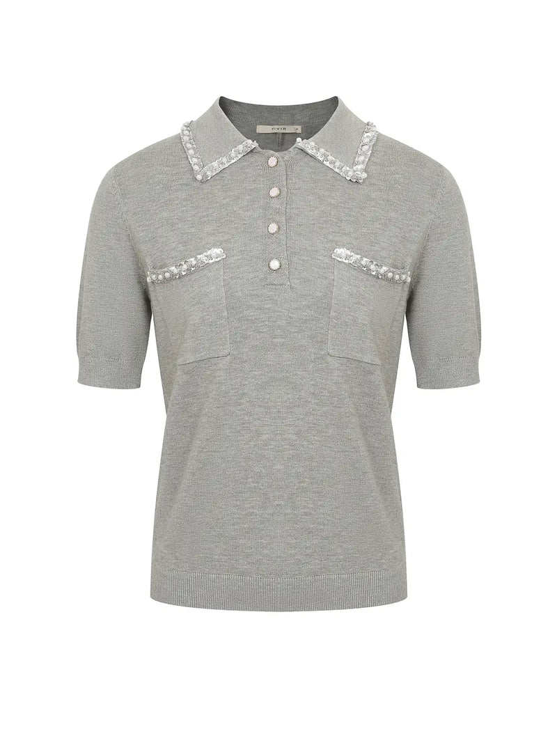 Heather Grey Collared Pearl Studded Top